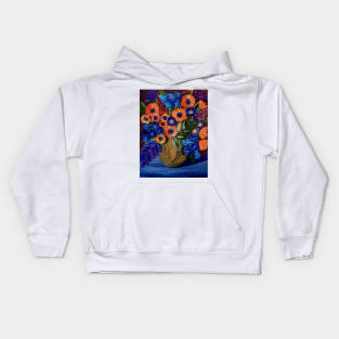 Bright and colorful abstract flowers in a bronze and purple vase Kids Hoodie